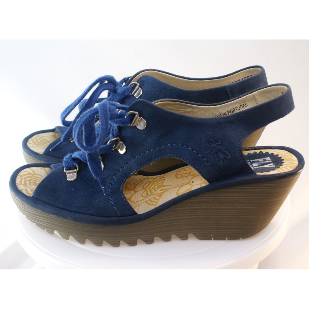 Fly London Yala Blue Nubuck Leather Lace Up Wedge Slingback Sandals EU 39